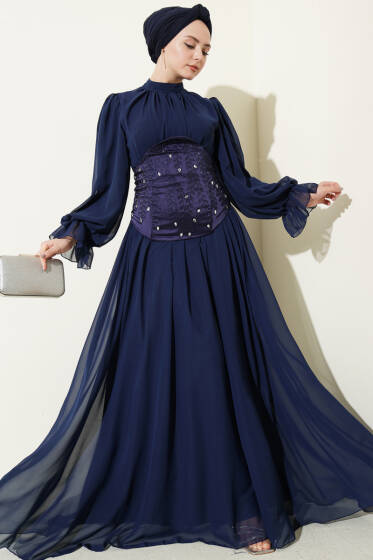 Taş Detaylı Korseli Abiye Elbise Lacivert - Elbise