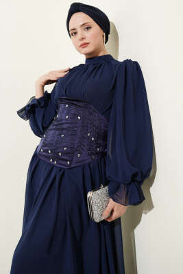Taş Detaylı Korseli Abiye Elbise Lacivert - Elbise