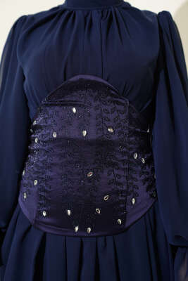 Taş Detaylı Korseli Abiye Elbise Lacivert - Elbise