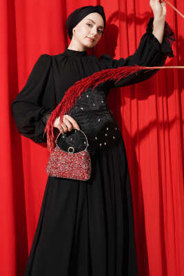 Taş Detaylı Korseli Abiye Elbise Siyah - CNR TEKSTİL