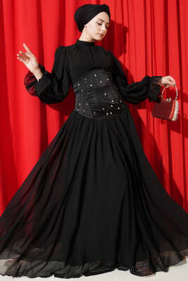 Taş Detaylı Korseli Abiye Elbise Siyah - Elbise