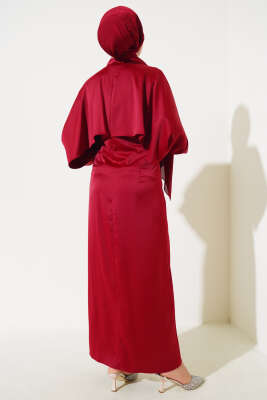 Taş Detaylı Pelerin Elbise Bordo - Tesettür Elbise