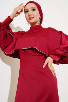 Taş Detaylı Pelerin Elbise Bordo - Tesettür Elbise