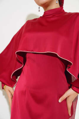 Taş Detaylı Pelerin Elbise Bordo - Tesettür Elbise