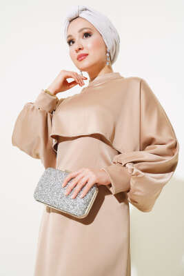 Taş Detaylı Pelerin Elbise Latte - Tesettür Elbise