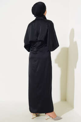 Taş Detaylı Pelerin Elbise Siyah - Tesettür Elbise