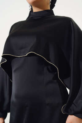 Taş Detaylı Pelerin Elbise Siyah - Tesettür Elbise