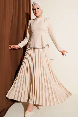 Taş Detaylı Pileli Etekli İkili Takım Bej - CNR TEKSTİL