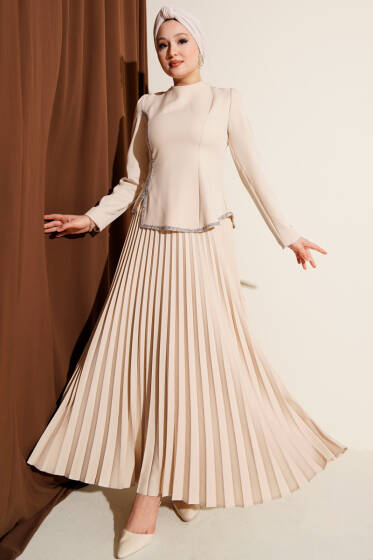Taş Detaylı Pileli Etekli İkili Takım Bej - İkili Takım