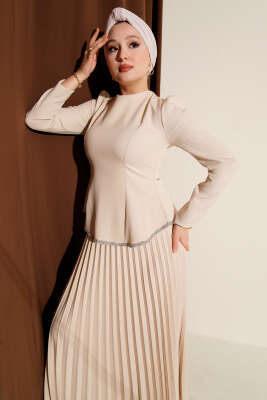 Taş Detaylı Pileli Etekli İkili Takım Bej - İkili Takım