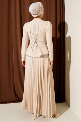 Taş Detaylı Pileli Etekli İkili Takım Bej - İkili Takım