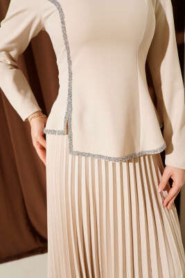 Taş Detaylı Pileli Etekli İkili Takım Bej - İkili Takım