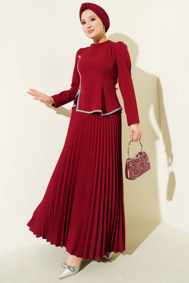 Taş Detaylı Pileli Etekli İkili Takım Bordo - İkili Takım