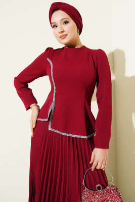 Taş Detaylı Pileli Etekli İkili Takım Bordo - İkili Takım