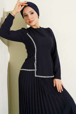 Taş Detaylı Pileli Etekli İkili Takım Lacivert - İkili Takım