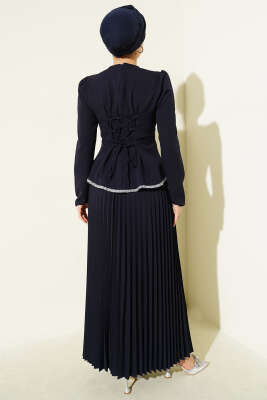 Taş Detaylı Pileli Etekli İkili Takım Lacivert - İkili Takım