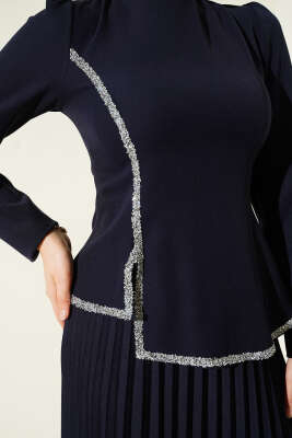 Taş Detaylı Pileli Etekli İkili Takım Lacivert - İkili Takım