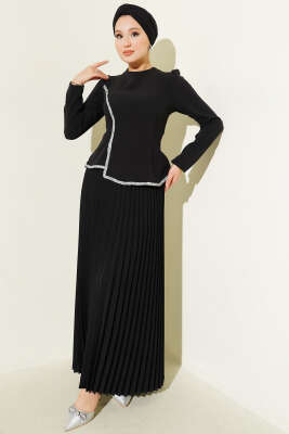 Taş Detaylı Pileli Etekli İkili Takım Siyah - CNR TEKSTİL