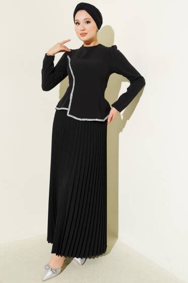 Taş Detaylı Pileli Etekli İkili Takım Siyah - İkili Takım