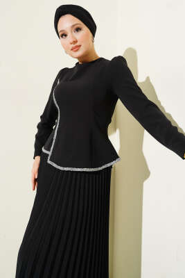 Taş Detaylı Pileli Etekli İkili Takım Siyah - İkili Takım