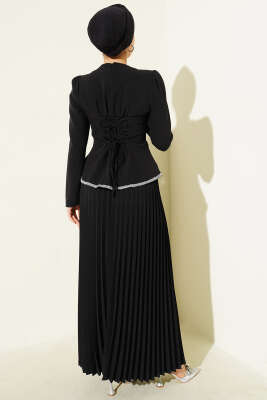 Taş Detaylı Pileli Etekli İkili Takım Siyah - İkili Takım