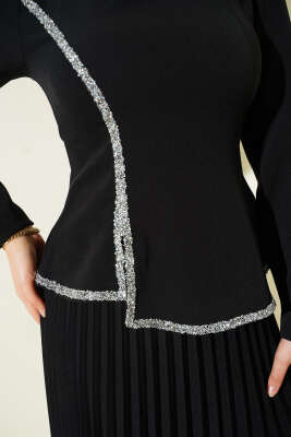 Taş Detaylı Pileli Etekli İkili Takım Siyah - İkili Takım