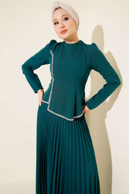 Taş Detaylı Pileli Etekli İkili Takım Zümrüt Yeşili - İkili Takım