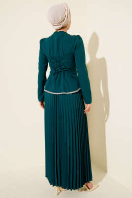 Taş Detaylı Pileli Etekli İkili Takım Zümrüt Yeşili - İkili Takım
