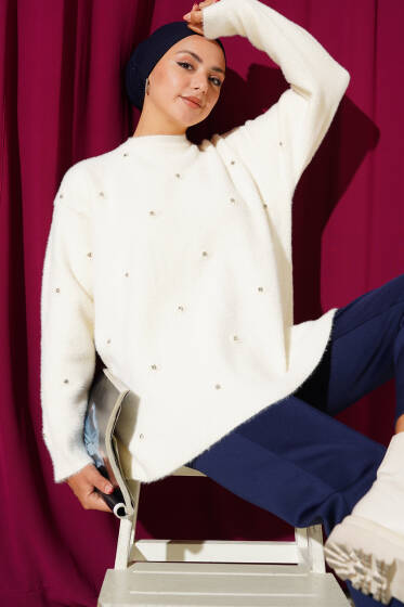 Taş Detaylı Sakallı Kazak Ekru - Tunik
