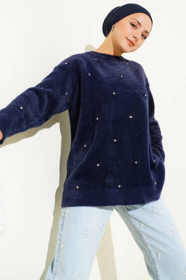 Taş Detaylı Sakallı Kazak Lacivert - Tunik
