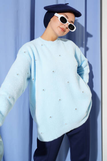 Taş Detaylı Sakallı Kazak Mavi - Tunik