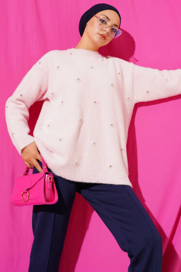 Taş Detaylı Sakallı Kazak Pudra - Tunik