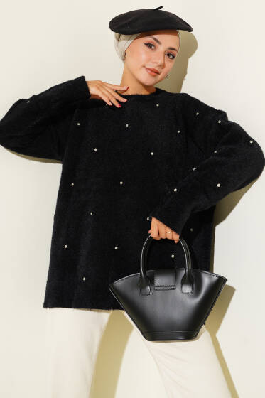 Taş Detaylı Sakallı Kazak Siyah - Tunik