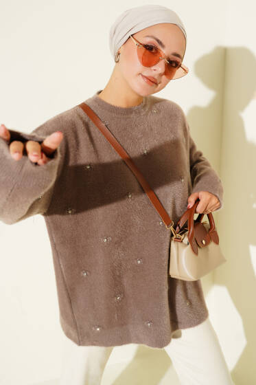 Taş Detaylı Sakallı Kazak Vizon - Tunik