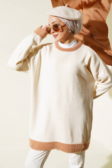 Taş Detaylı Salaş Triko Tunik Bej - Triko