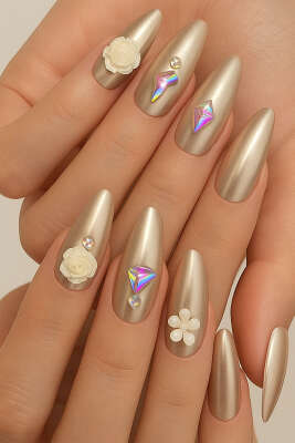 Taş Detaylı Takma Tırnak Bej 