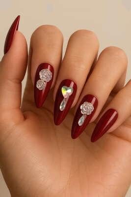 Taş Detaylı Takma Tırnak Bordo 