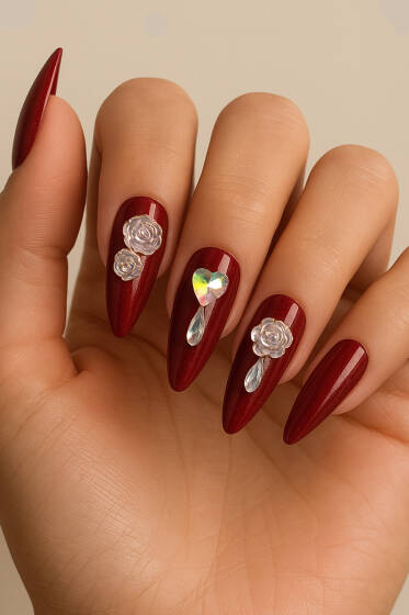 Taş Detaylı Takma Tırnak Bordo - Tırnak Aksesuarları