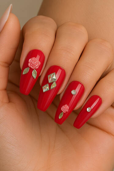 Taş Detaylı Takma Tırnak Fusya - Tırnak Aksesuarları