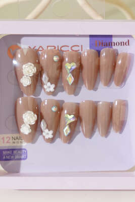 Taş Detaylı Takma Tırnak Sütlü Kahve - Tırnak Aksesuarları