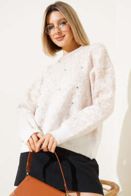 Taş Detaylı Triko Kazak Latte - Kadın Giyim Modelleri