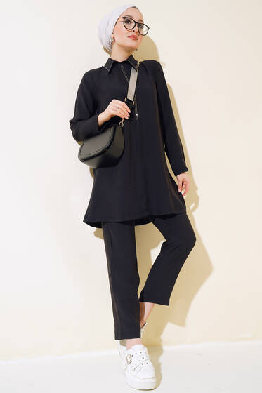 Taş Detaylı Yarım Fermuarlı İkili Takım Siyah - İKİLİ TAKIM