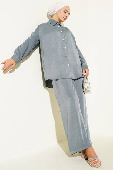 Taş Düğme Detaylı İkili Takım Gri - İkili Takım