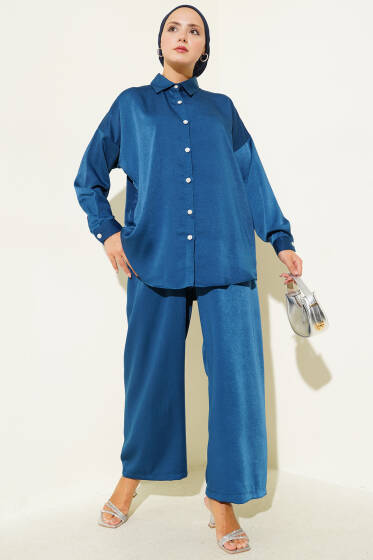 Taş Düğme Detaylı İkili Takım Indıgo - İkili Takım