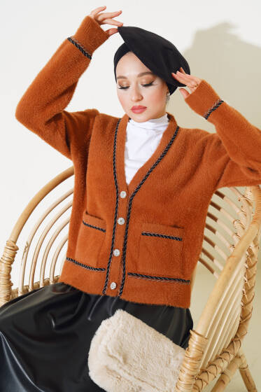 Taş Düğmeli Angora Triko Hırka Camel - Hırka