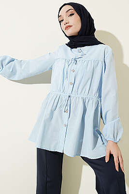 Taş Düğmeli Büzgülü Gömlek Bebe Mavi 