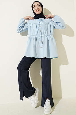 Taş Düğmeli Büzgülü Gömlek Bebe Mavi - Gömlek