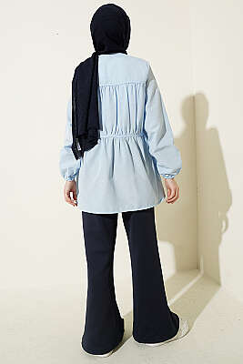 Taş Düğmeli Büzgülü Gömlek Bebe Mavi - Gömlek