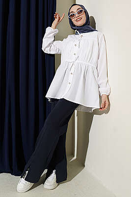 Taş Düğmeli Büzgülü Gömlek Beyaz - Gömlek