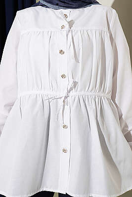 Taş Düğmeli Büzgülü Gömlek Beyaz - Gömlek